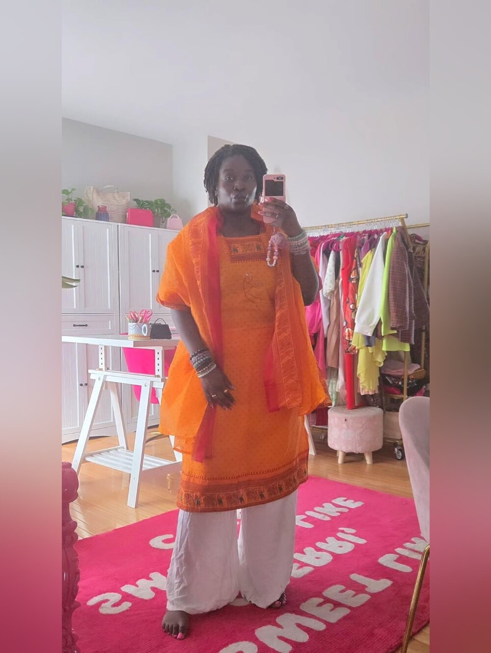 Vibrant Orange Embroidered Cotton Kurta with Scarf